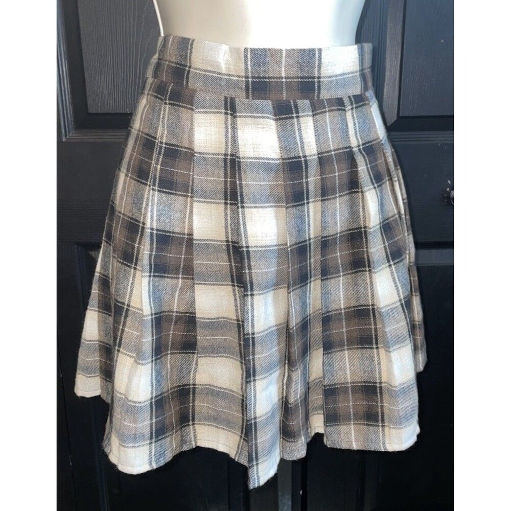 Hesperus Brown Beige Plaid Pleated Mini Skirt Preppy Schoolgirl Size M Y2K